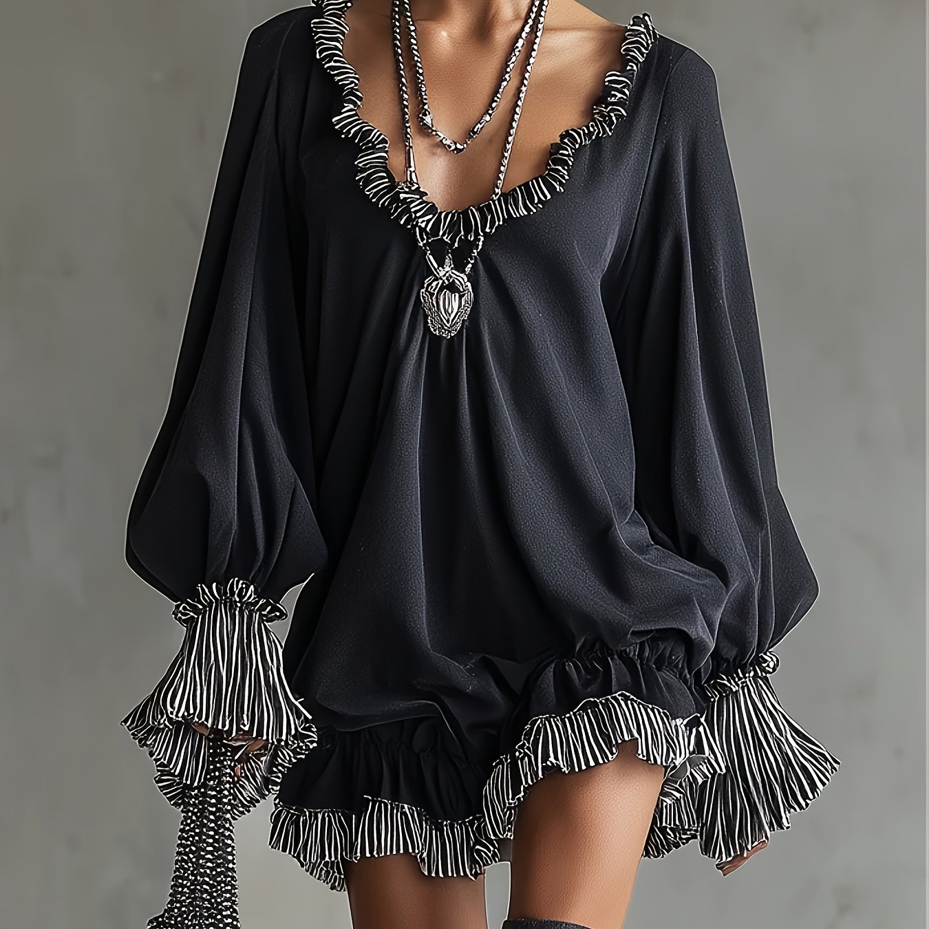 v neck dress   striped ruffle loose    