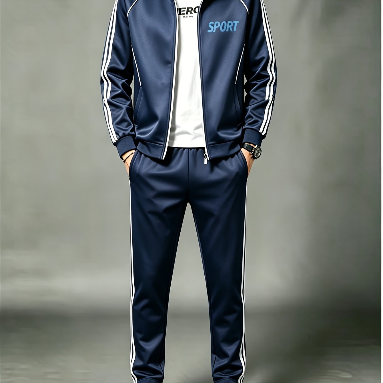 Image of Men's Polyester Stand Collar Cardigan Set Casual Sports Navy Blue 2pcs Outfit With White Side Stripes And Sport Print