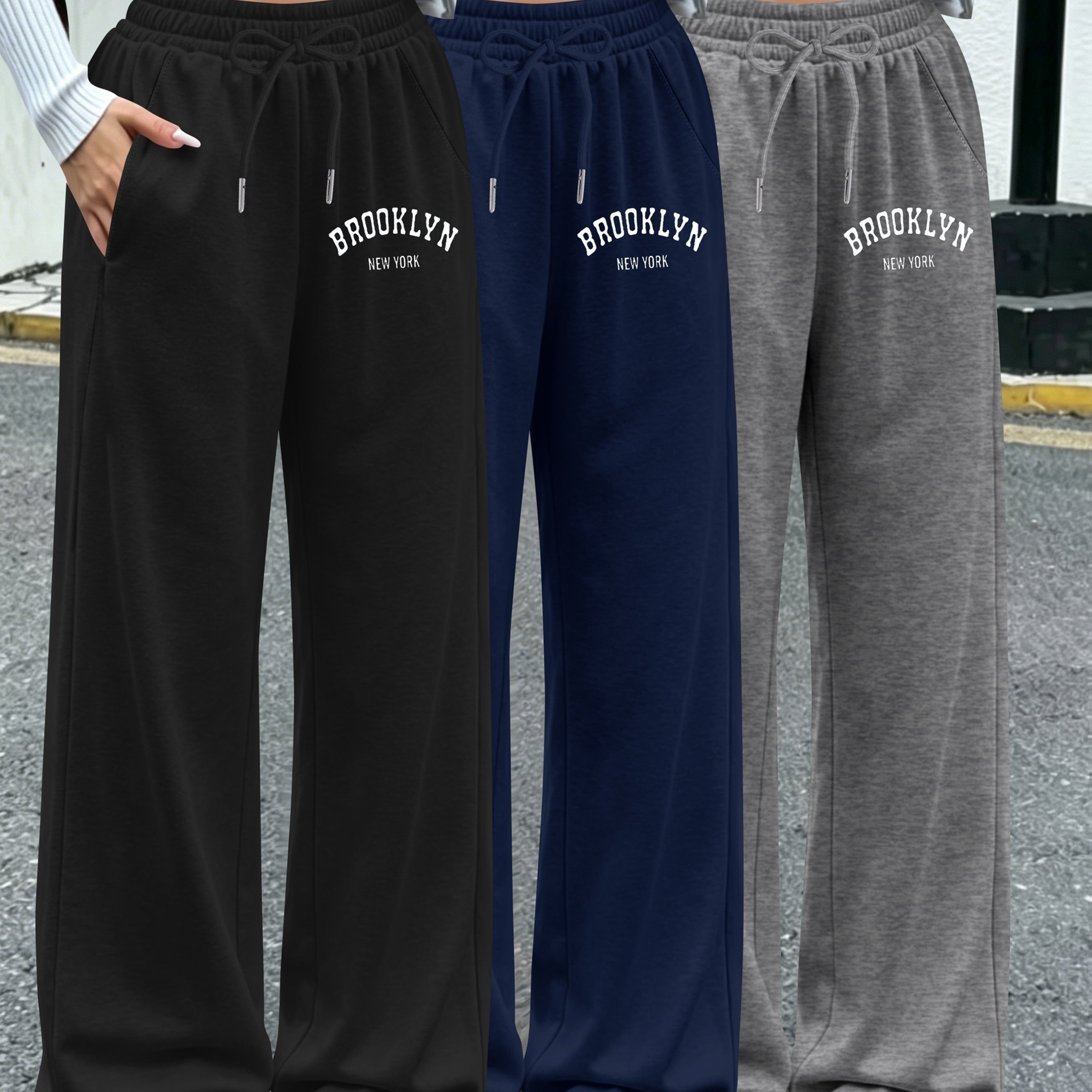 TEMU 3-pack Women's S Pants, Elastic Waist Wide-leg Casual Trousers With Side Pockets. Suitable For Daily Wear & Semi-formal Occasions Printed Craft