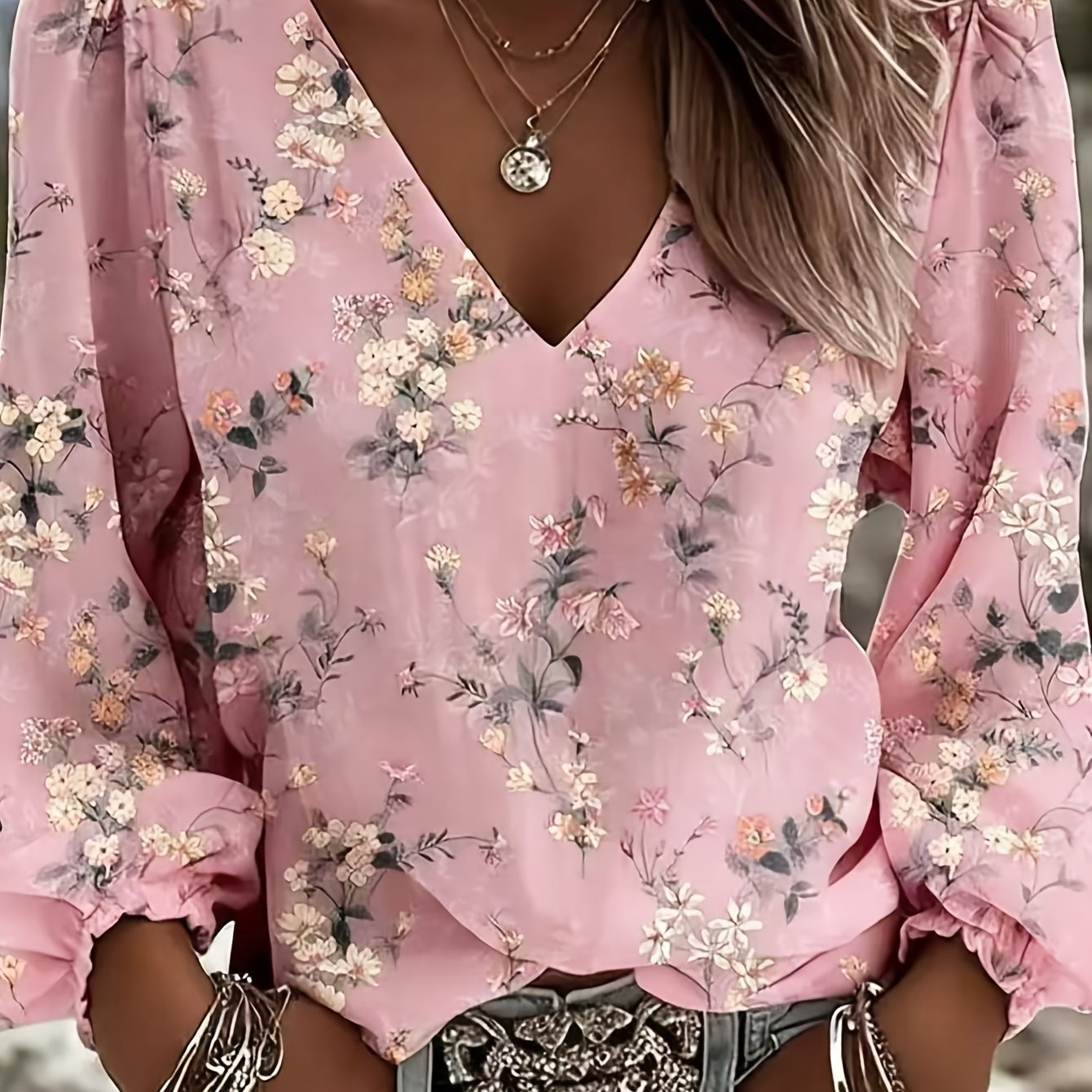 TEMU Retro Small Floral Print Long Sleeve Shirt Women's Loose Casual Top