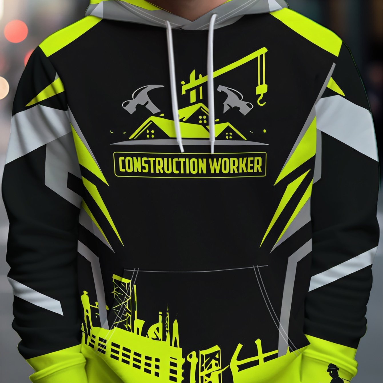 TEMU Men's Hooded Sweatshirt Construction Worker Print Trendy Casual Athletic Top Youth Pullover Machine Washable, Casual Daily