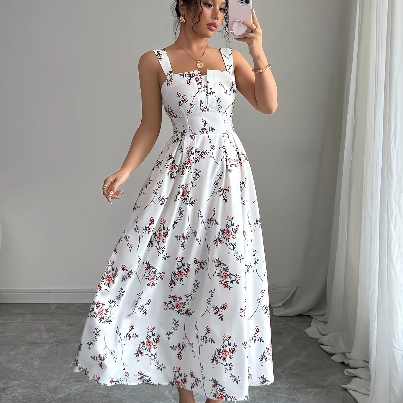 Women's Elegant Floral Print Ruched Waist Dress, Suitable For Spring Summer Fall Casual Vacation Party Wear
