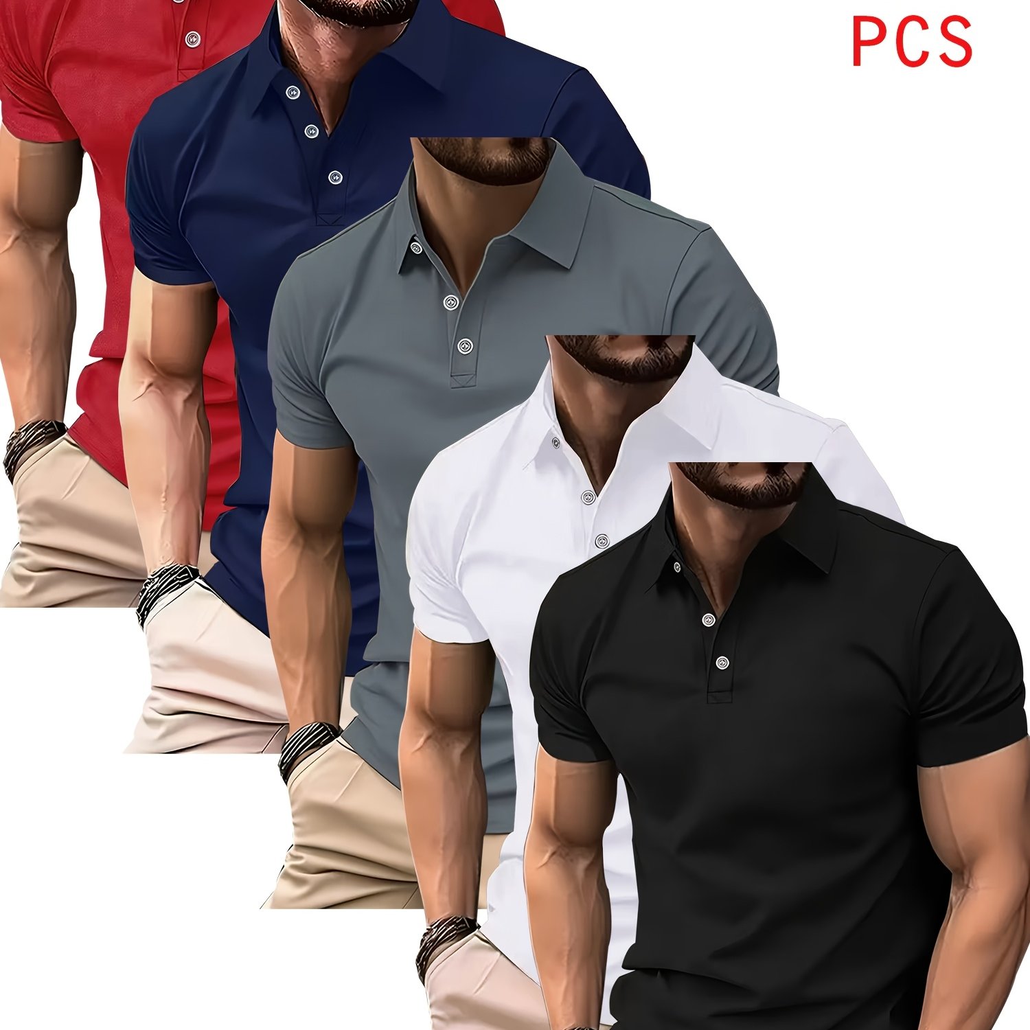 TEMU Shirt Solid Color Lapel Collar 5pcs Mixed Pc, Breathable Quick-dry Golf Casual Shirt, Lightweight Stretch Polyester Button Design, Suitable For