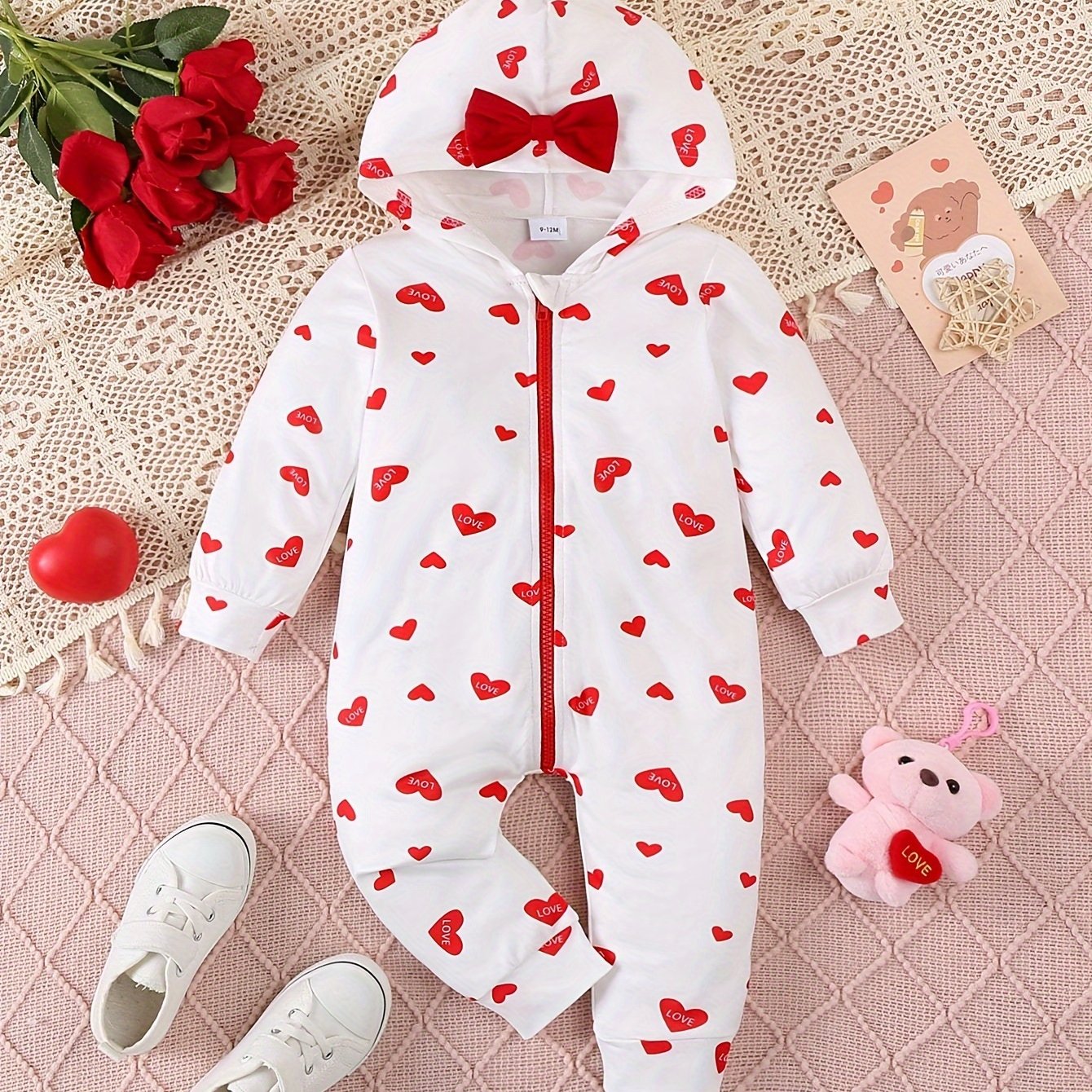 Children's Hooded Full Body Heart Print Jumpsuit, For Outdoor