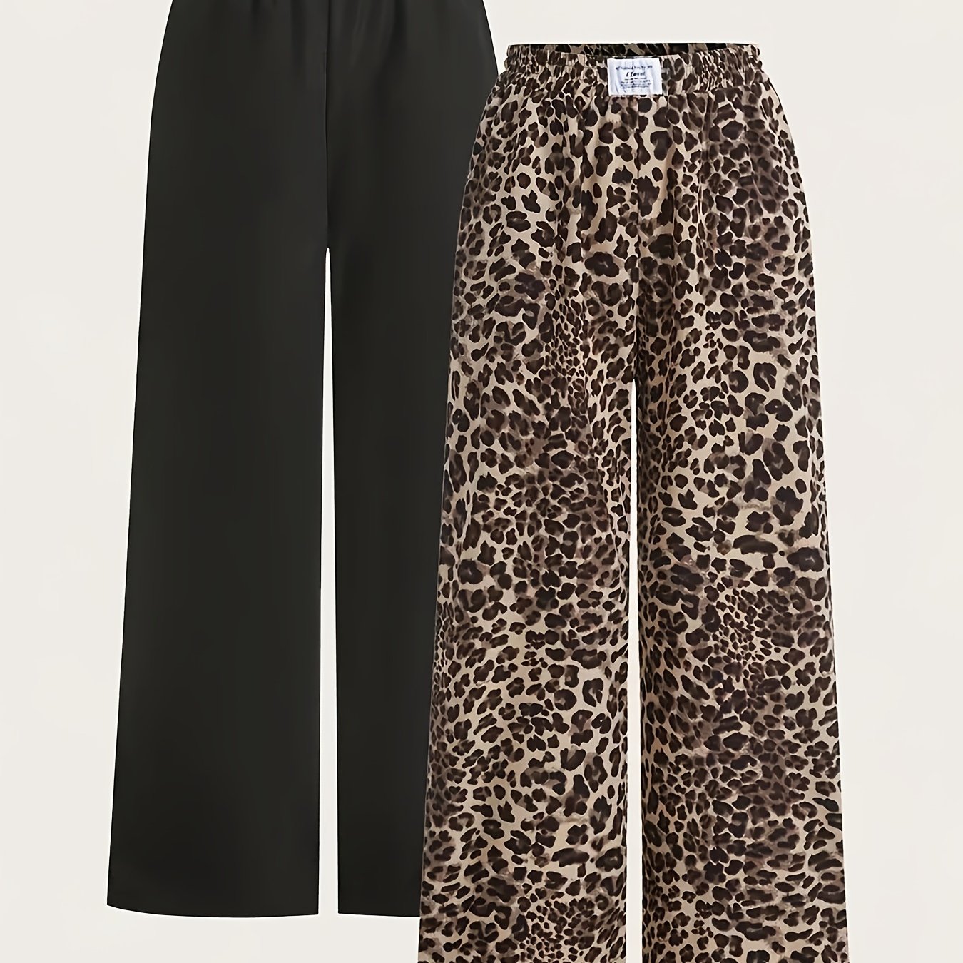 Cat Ear , Dj0710124, 2pcs Women's Long Pants, Black And Leopard Print