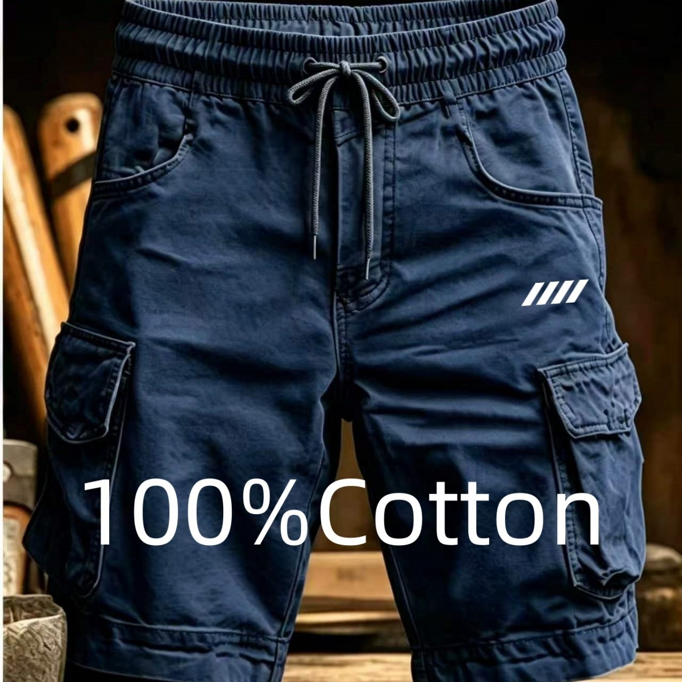 Image of 100% Men's Cargo Shorts With Elastic Drawstring Waist, Casual Work Shorts. Practical Multi-pocket Shorts With Striped Print For Summer Outdoor Wear