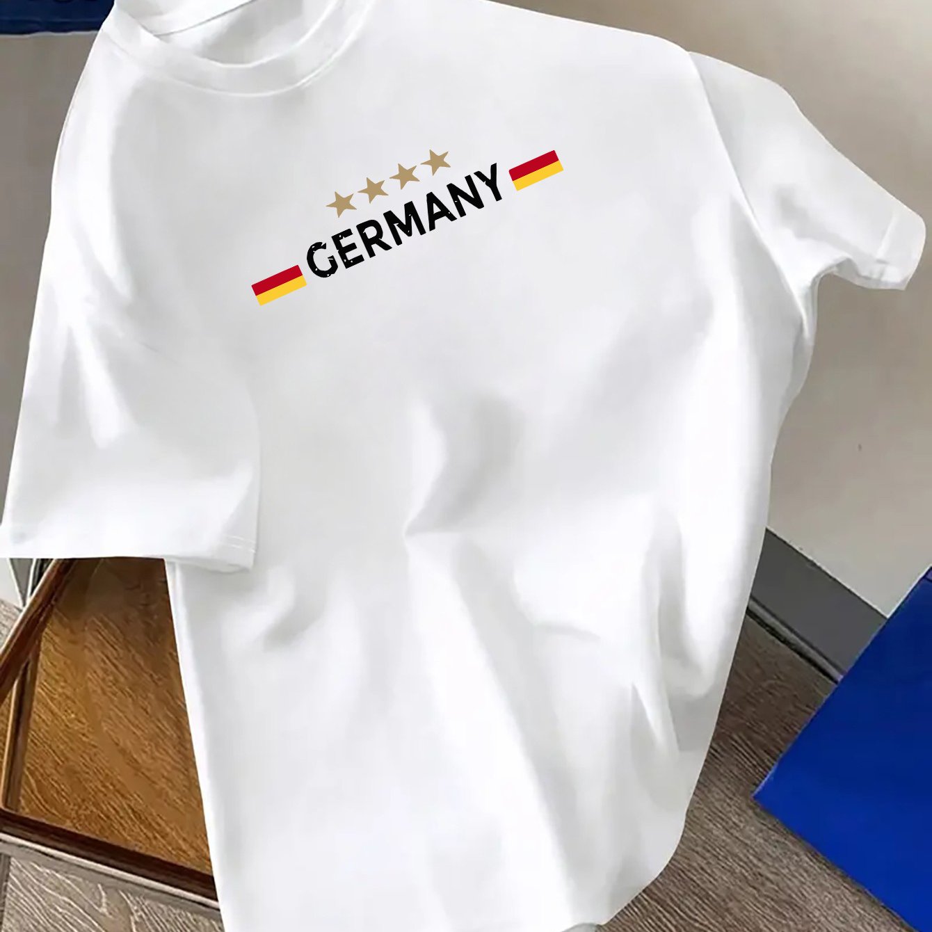 TEMU Men's Casual Crew Neck T-shirt With Germany Flag Print, Breathable Polyester Knit Fabric, Stretch, Short Sleeve Tee For Spring/summer