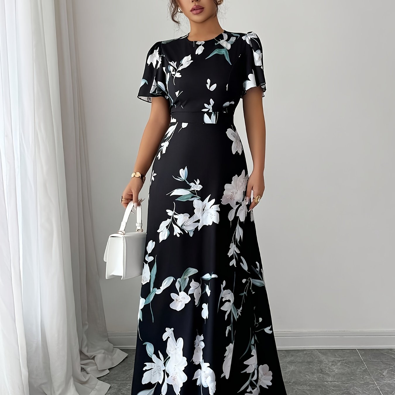 TEMU Robe printemps été à col rond, imprimé floral et volants, manches courtes
