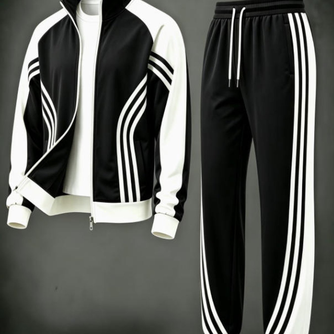 Image of Tracksuit Set Men's Fashion 3 Stripe Detail Stand Collar Zip Jacket Elastic Waist Pants Adult Men Fall Winter Sportswear Gift