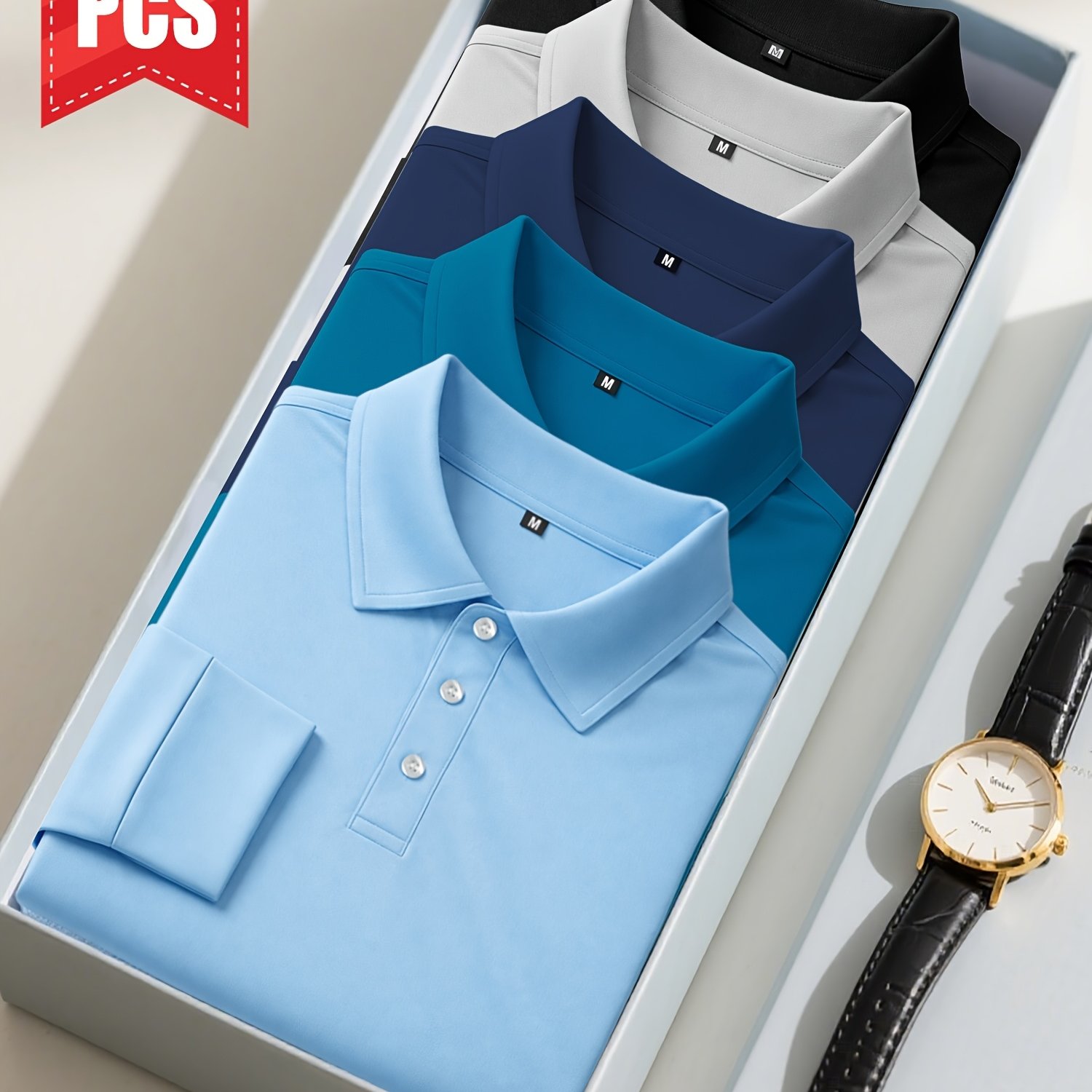 TEMU 5pcs Men's Long Sleeved Golf Shirt, Spring And Autumn Solid Color Elastic Quick Drying Lapel Top, Fashionable Regular Version Lightweight Long