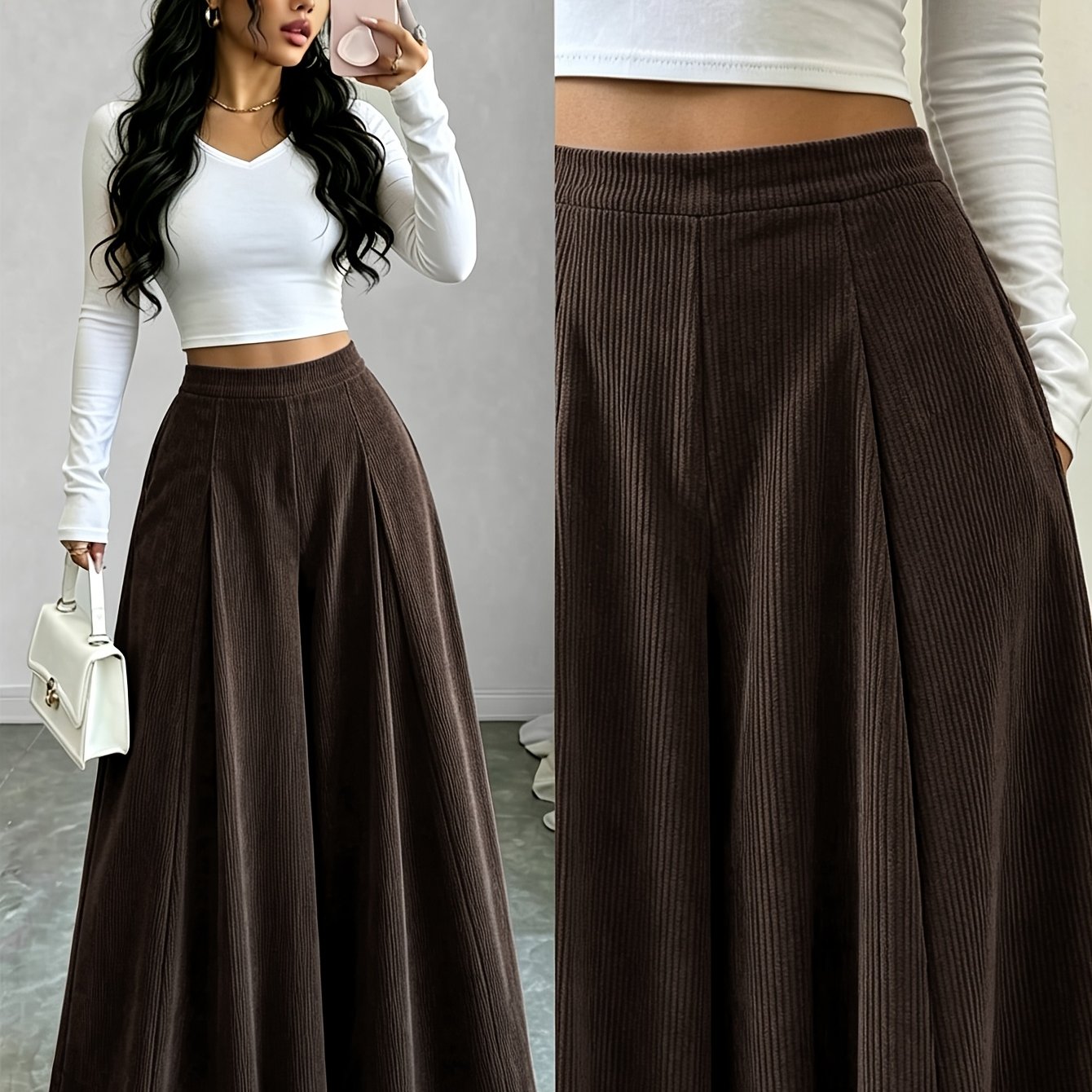 TEMU Pantalon vintage en velours taille mi-haute et jambes larges, pantalon évasé pour femmes, design élégant et slim pour les quotidiens, pantalon