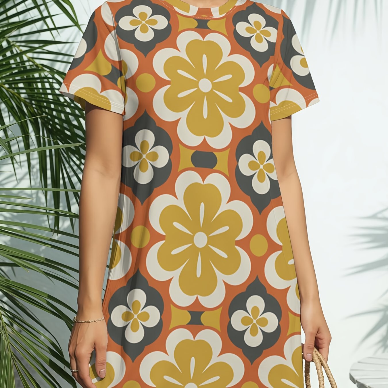 TEMU Robe T-shirt à manches courtes et col rond pour femmes, style rétro Geo, imprimé numérique tendance américaine, printemps et été décontracté et