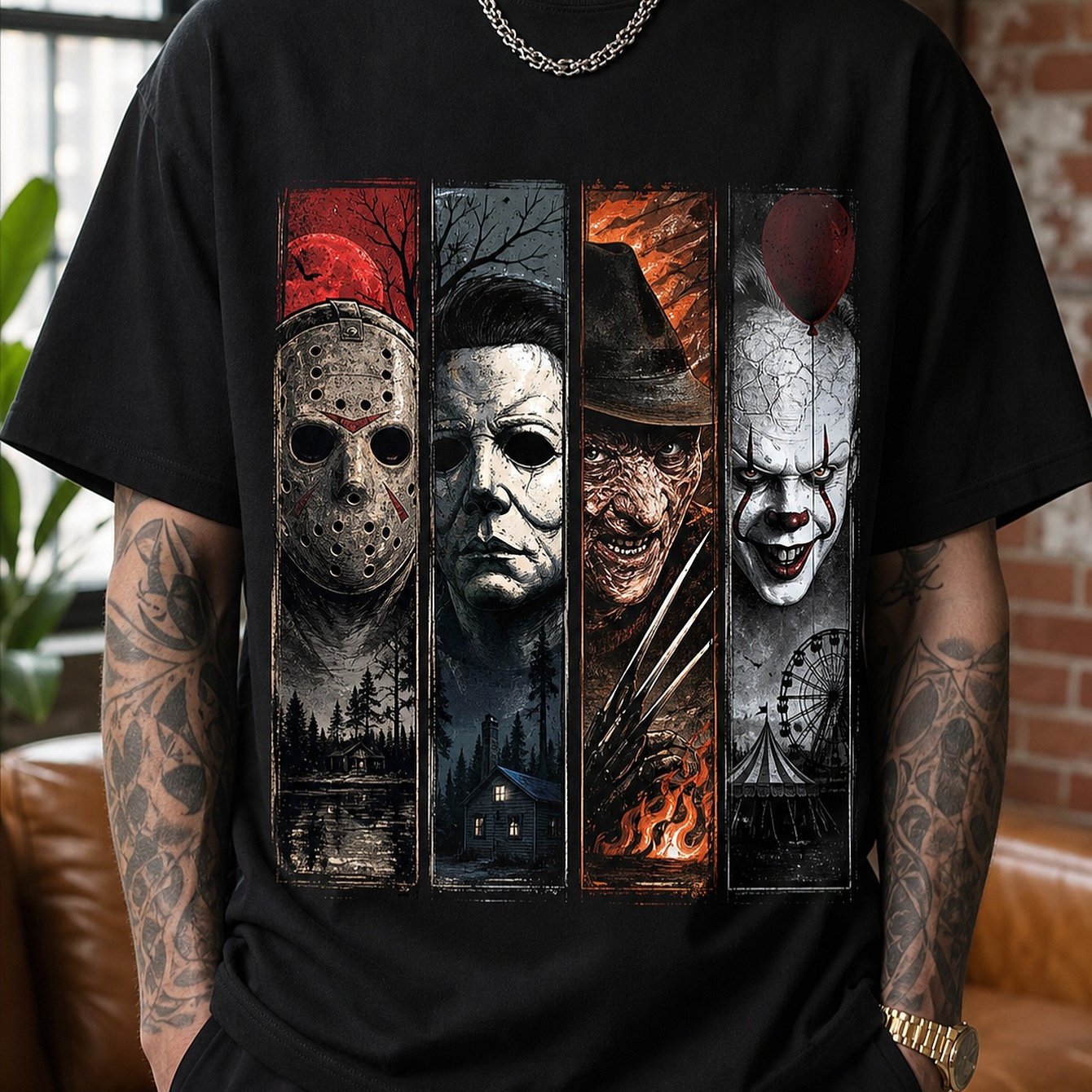 TEMU Men's Gothic Skull Portrait Print Heavyweight Short-sleeve T-shirt With , , And Heat Transfer Graphics - -garde Streetwear For Horror Fans,