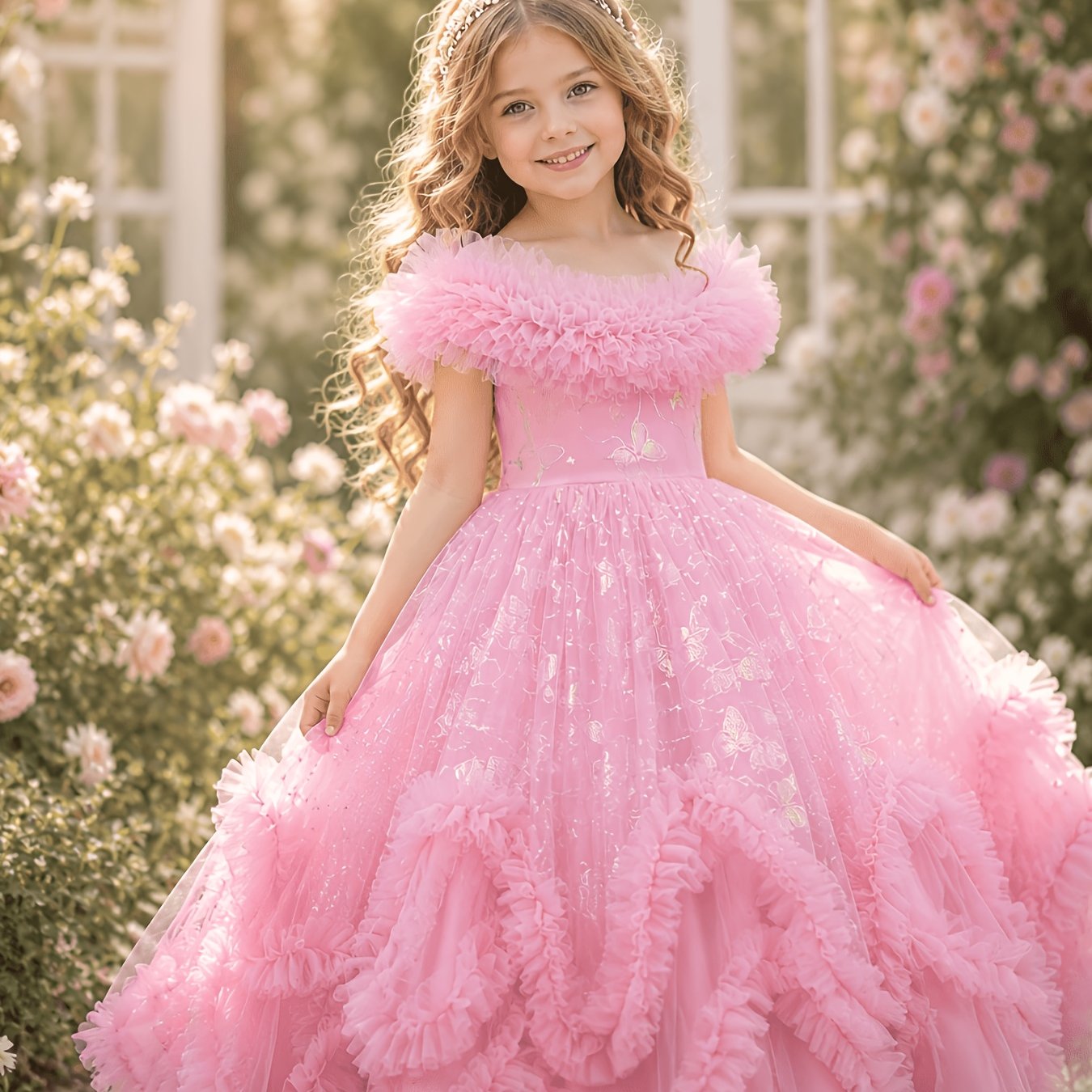 Image of Girls' Princess Dress With Hot- Skirt Lace Pleated Cloud Shoulder High-end Elegant Evening Dress Holiday Clothing Piano Performance Girls' Wear