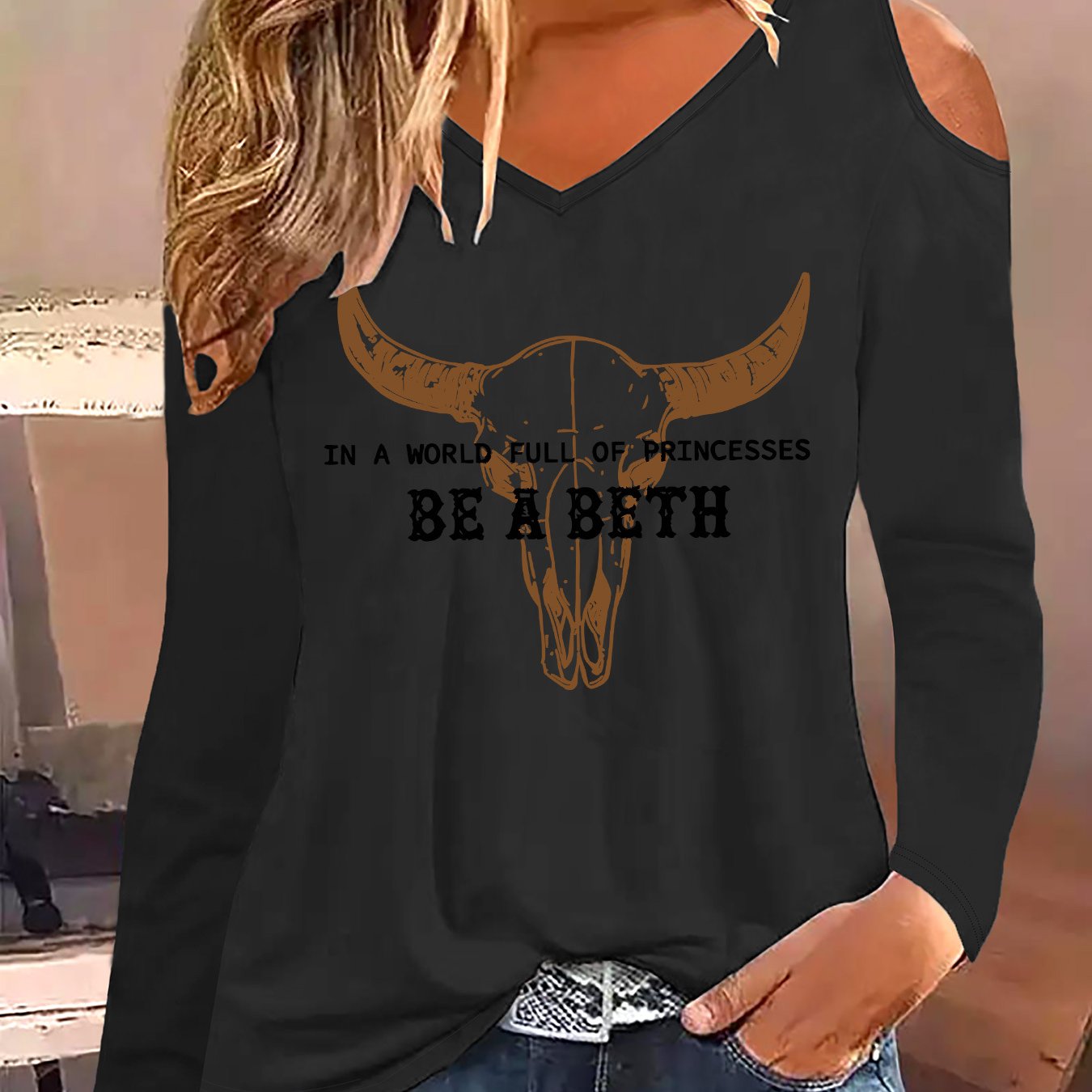 TEMU Graphic Print T-shirt, Long Sleeve V Neck Casual Top For Spring And Fall, Women's Clothing