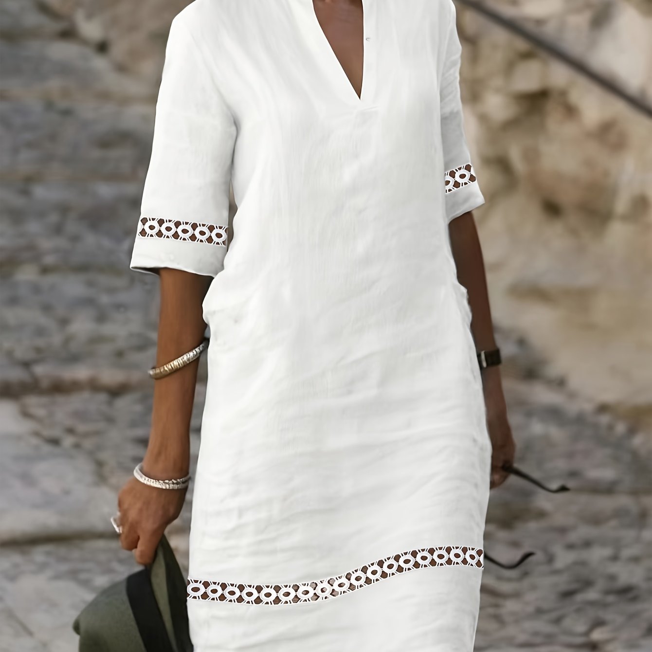 Loose Solid Color Hollow-out Lace V-neck Pullover Dress