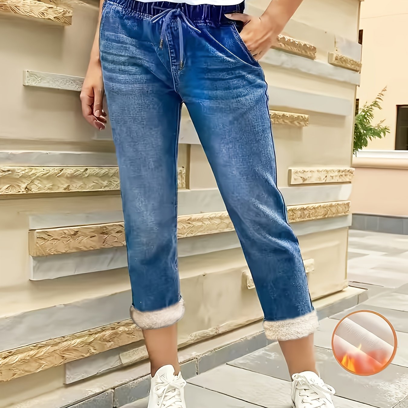 Lined Elastic Waist Stretch Jeans