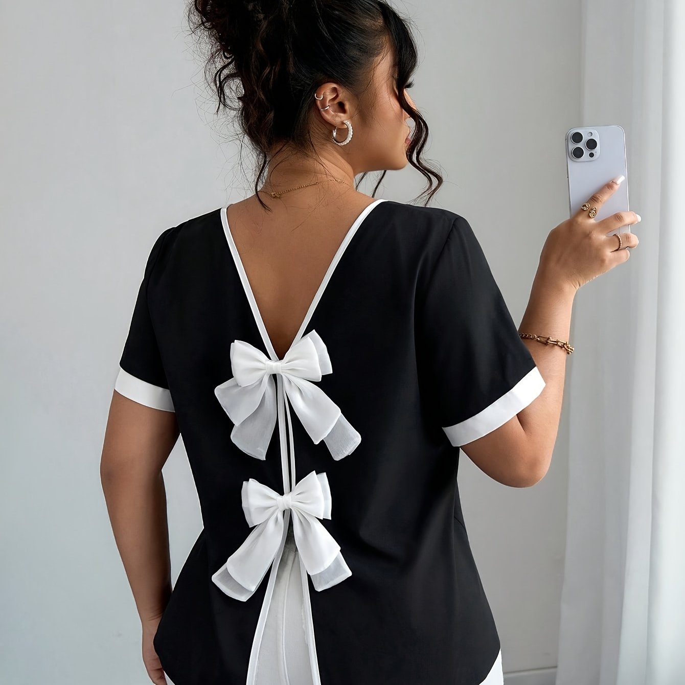 TEMU Plus Size, Plus Size Women's Blouse With Bow Decoration, Backless Short Sleeve Top, V-neck Back With Contrast Binding, Women's Summer Clothing,