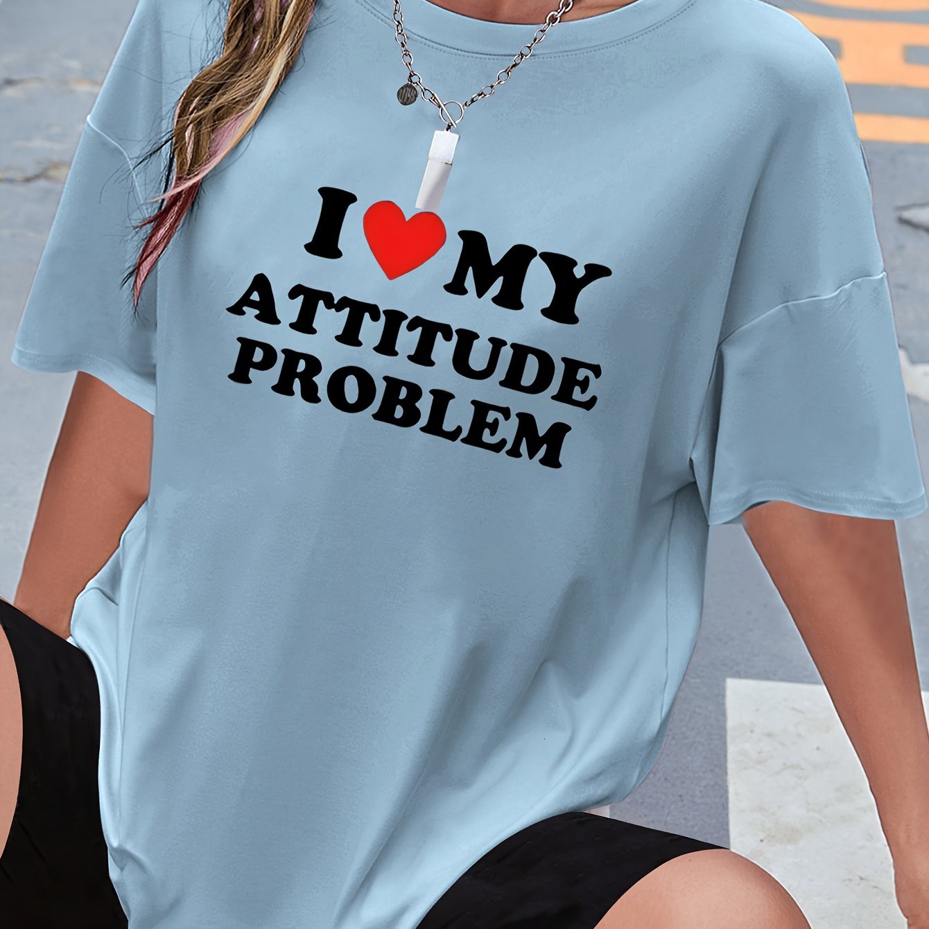 TEMU I Love Problem Pattern T-shirt, Short Sleeves Round Neck Stretch Sports Tee, Women's Clothing