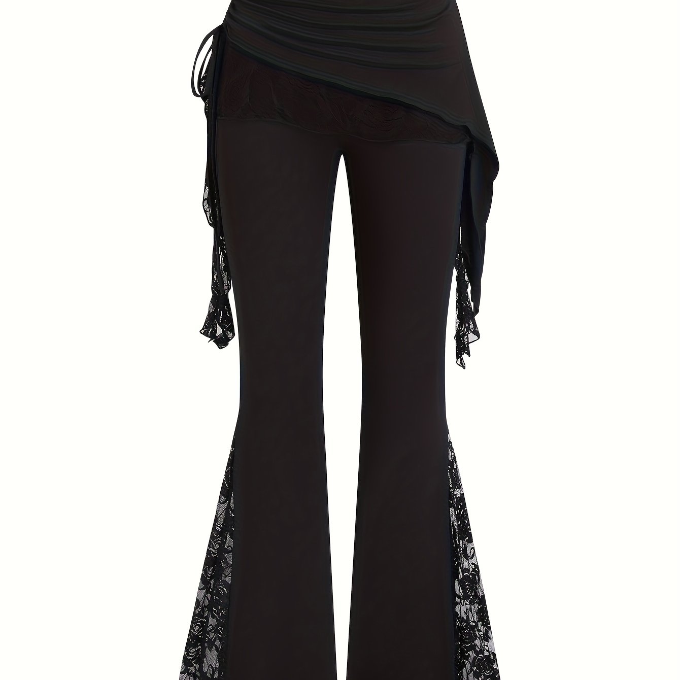 TEMU Halloween Women's Elegant Lace Wide-leg Dance Pants With Flared Bell-bottoms - High-waisted Stretch Trousers With Contrast Lace Hem, Solid Black