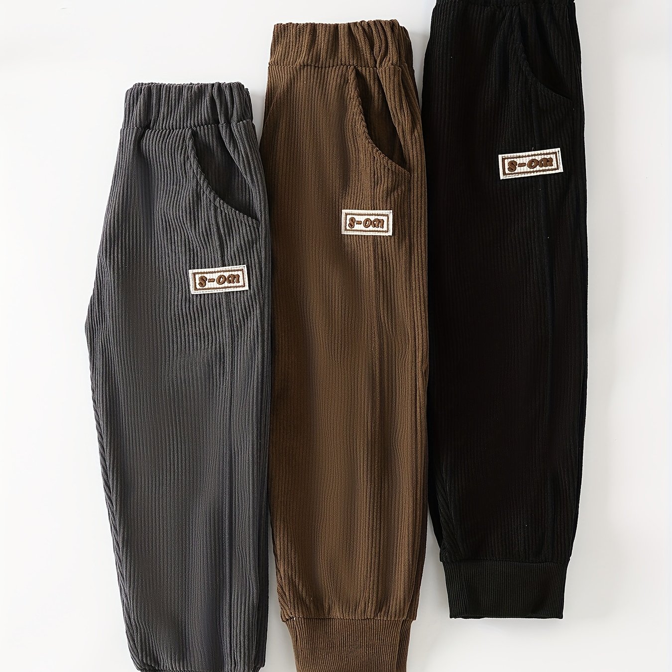 Image of 3pcs Boys' Corduroy Pants - Full-length Casual Outdoor Trousers With Letter 'd' Branding (patch), Machine-washable Spring/fall Pants Suitable For, Perfect For Outdoor