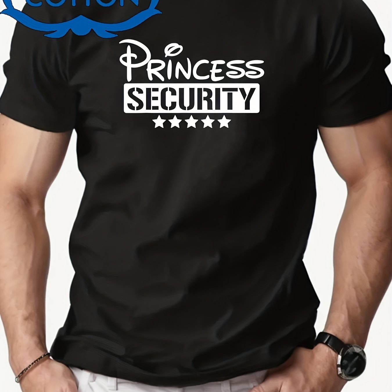 TEMU Men's Security Graphic T-shirt Princess Security Text Stars Black Tee For Everyday High Stretch Regular T-shirt Unisex T-shirt Suitable For