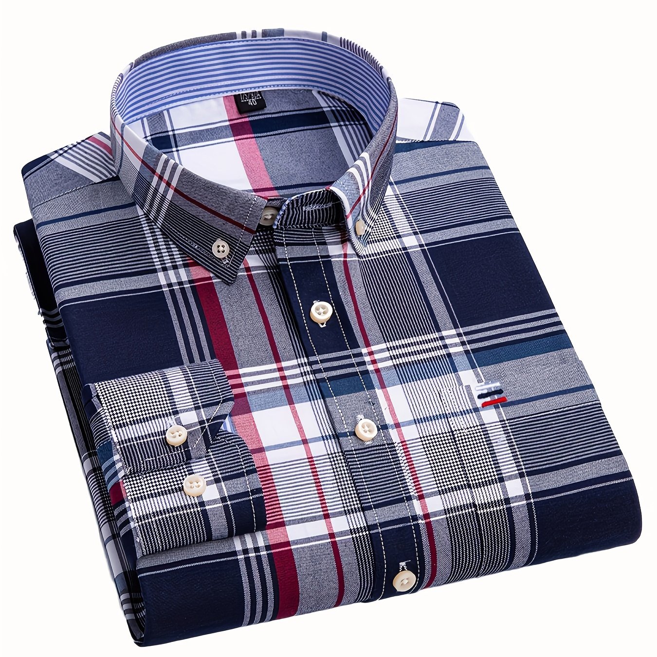 Men's Oxford Long Sleeve Shirt Striped Inner With Chest Pocket Button Top Breathable