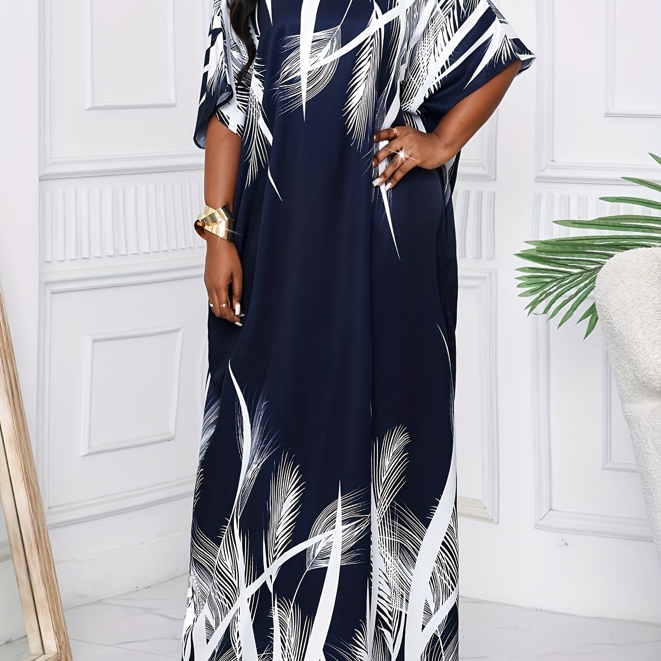 E-shop Neues Damen Kleid mit abgeschnittenem V-Ausschnitt, Druck, locker, bequem, lang