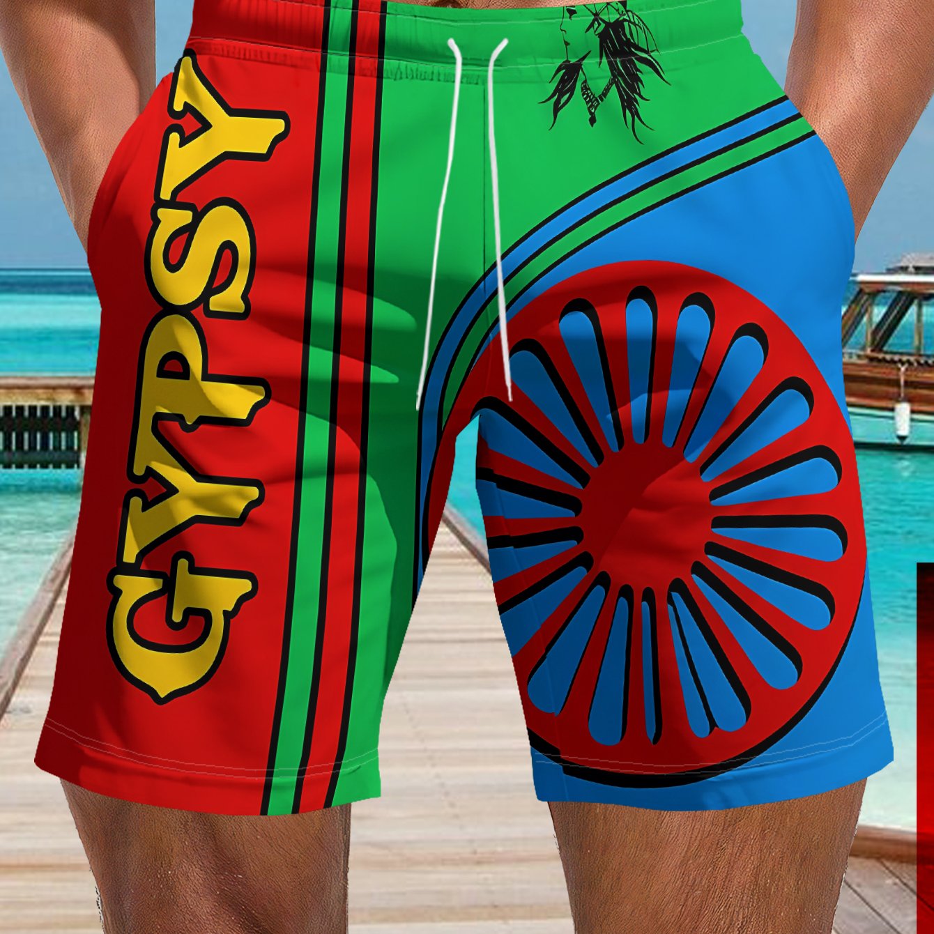 TEMU Pantalones cortos de vacaciones en para hombre con colores vibrantes, "GYPSY", ruedas y retratos de cabezas de personajes - 100 % fibra de