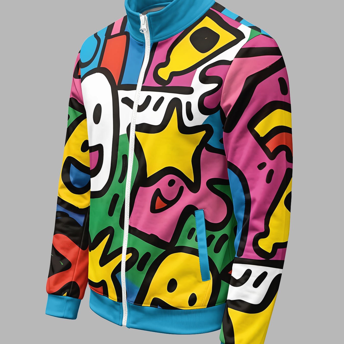 TEMU Men's Fashion Autumn/winter Jacket, Color Face Print, Stand Collar Zipper Casual Sport Top, Surprise Birthday/holiday Gift For Men