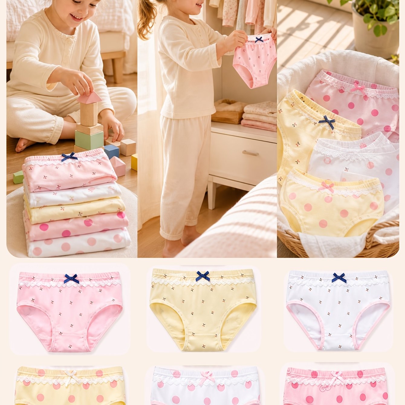 TEMU 6-pack Baby Kids Underwear Breathable Briefs Dots And Cherry Printed Panties For Toddler Soft Assorted Girls Undies Briefs