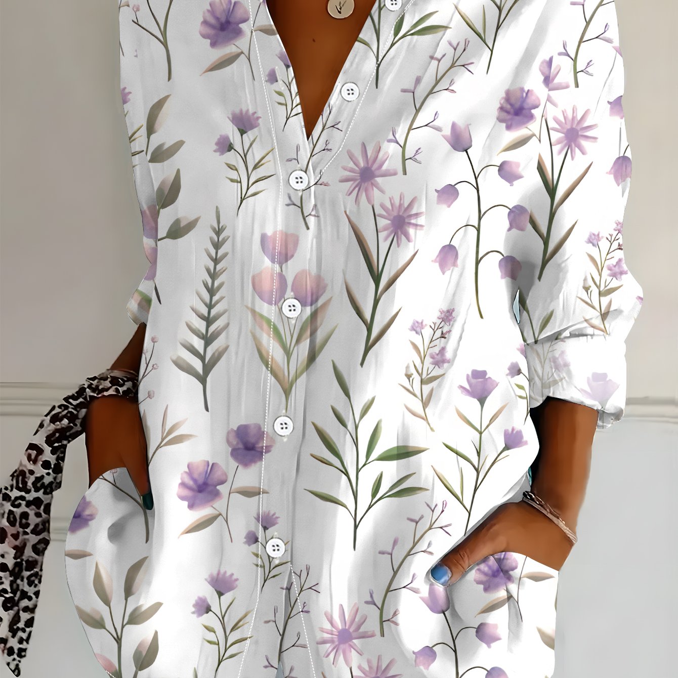 TEMU Plus Size Women's Long Sleeve Shirt, Printed Blouse With Floral Branch Elements, Mid-length Casual Shirt In Light Purple, Soft And Comfortable,
