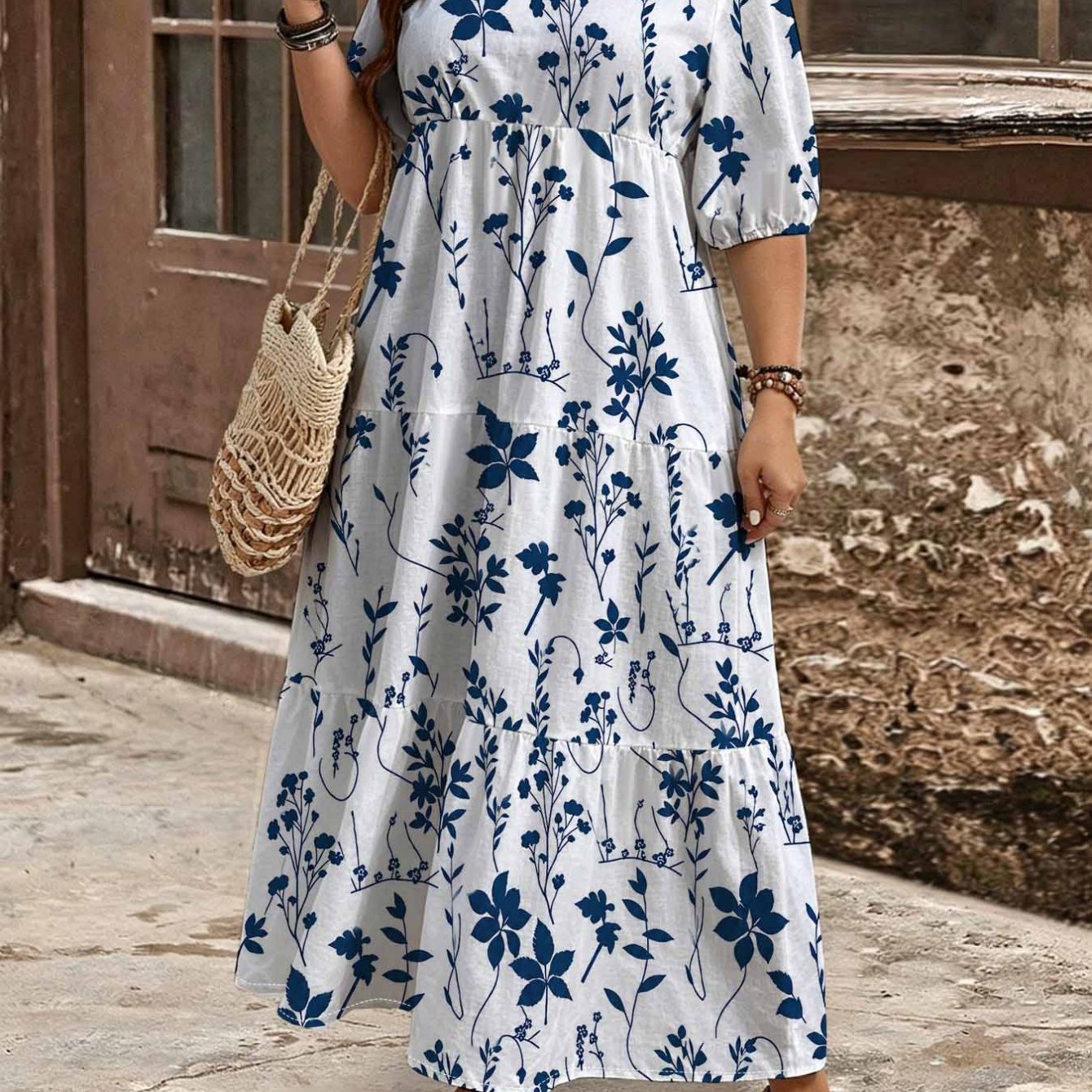 Image of Plus Size - Summer Plus Size Floral Botanical Printed V-neck Bubble Short-sleeved Maxi Dress For Women. Layered Cake . Vintage Bohemian Loose-fitting Resort Long Flowy Maxi Dress