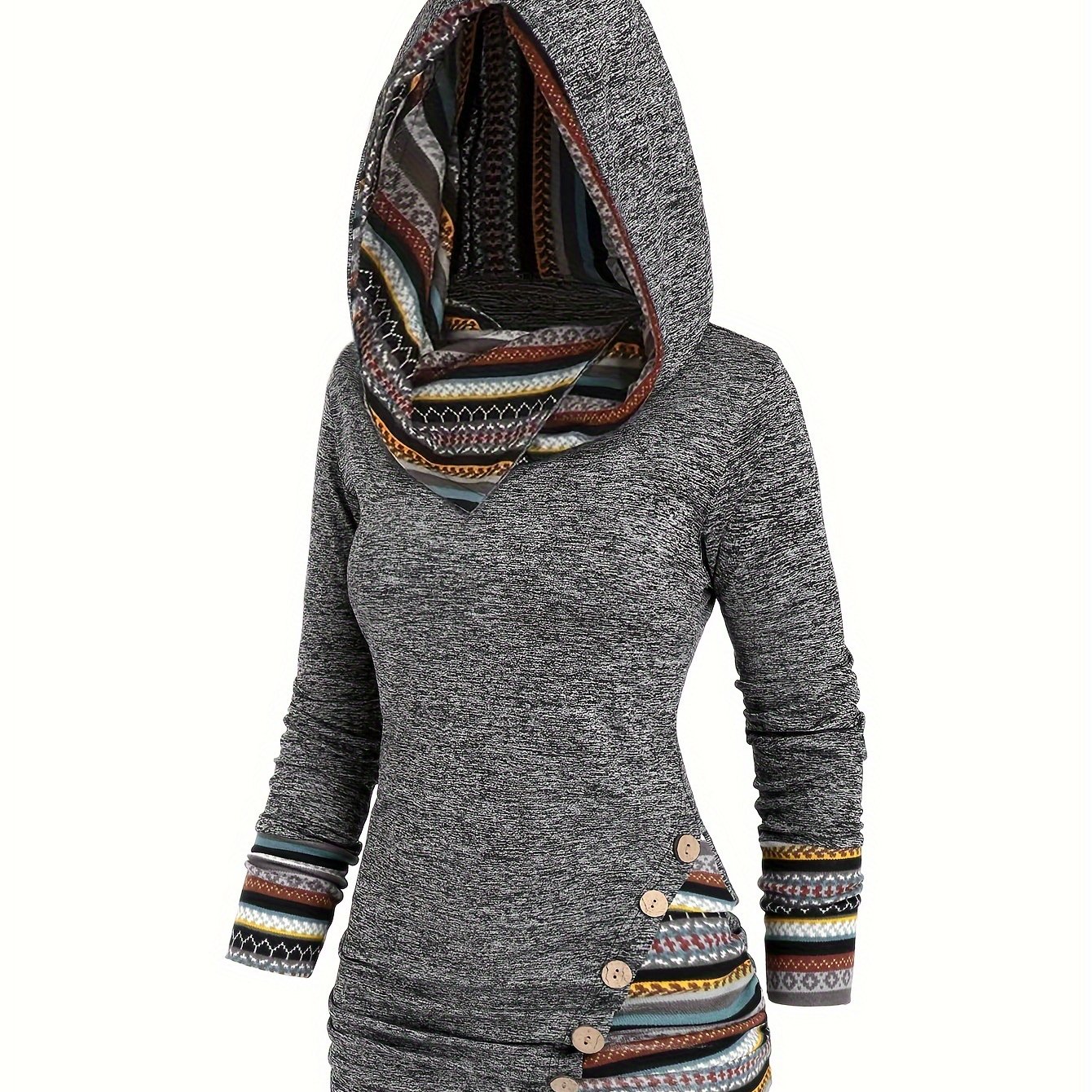 Blouse Élégante Chic Décontractée d'Automne-Hiver pour Femmes Y2K à Capuche et Rayures Géométriques Rétro - Motif…: retailer-supplied image