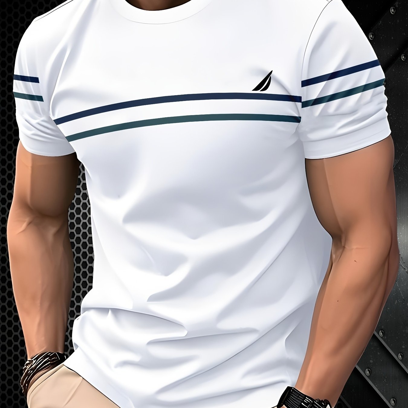 TEMU Men's Sailboat Print Novelty T-shirt | Crew Neck, Slight Stretch, Casual Sports Style, Regular Fit, Short Sleeve, Plus Size