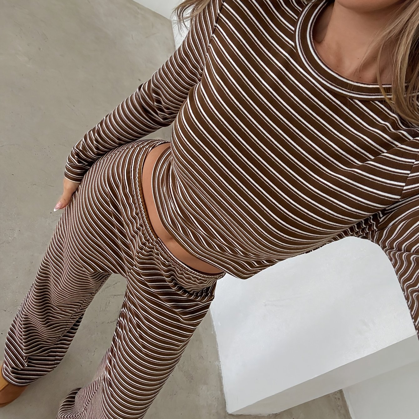 Women's Set, Includes Striped Round Neck Long Sleeve T-shirt And Loose Fit Straight Leg Pants For Daily Wear, S, Fall/winter Season, Back-to- Outfit, 2pcs