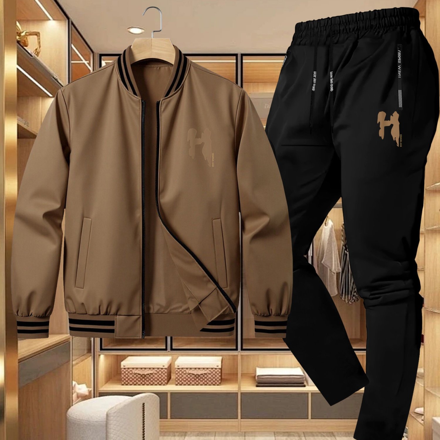 TEMU Men's Casual Sportswear Set Featuring A Stylish Brown Shadow Graphic Print, Including A Ribbed Cardigan Jacket And Matching Pants