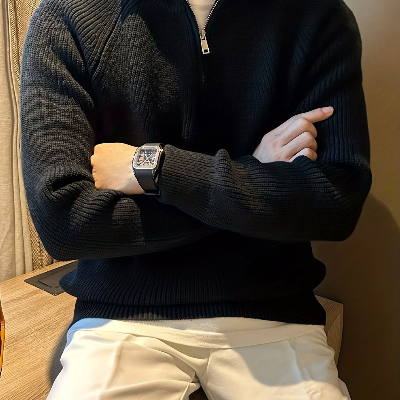 TEMU Men's Casual Solid Color Thick Knit Zip-front Sweater - Autumn Fashion Minimalist Style, Medium Stretch Pullover, Classic Neckline Design