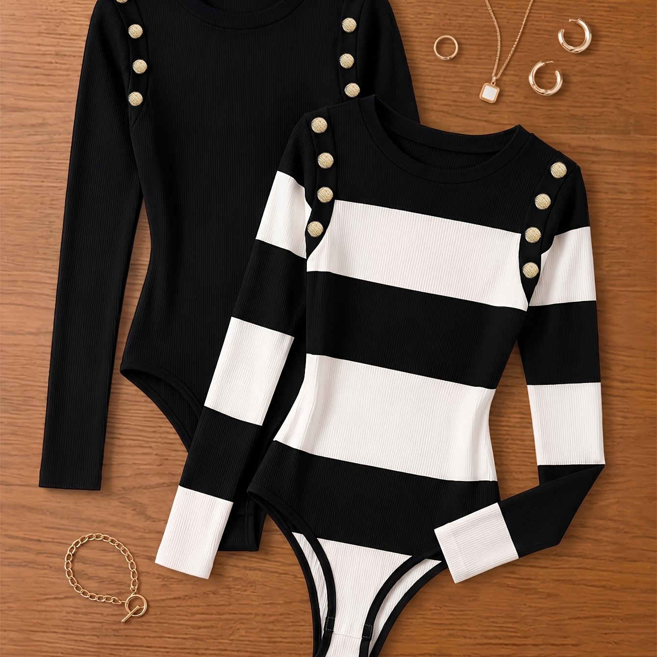 TEMU 2pcs Set Women's Round Neck Long Sleeve Slim Waist-cinching Fall Winter Jumpsuit Casual Easy Comfortable Coverage Versatile Jumpsuit Top
