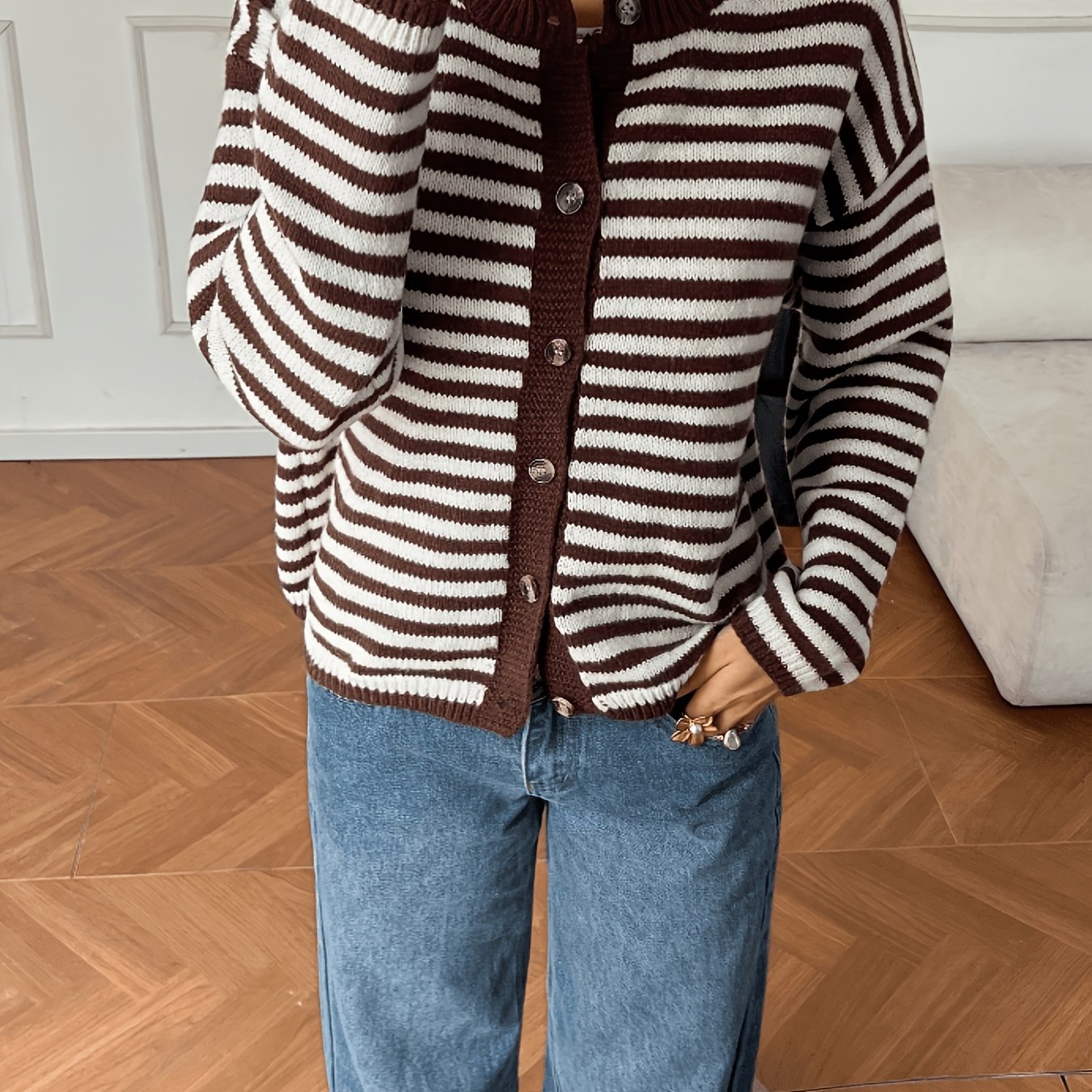 TEMU Gilet rayé pour femme, pull à manches longues et col rond boutonné, haut décontracté ample, idéal pour et l'hiver dans vintage de couleur