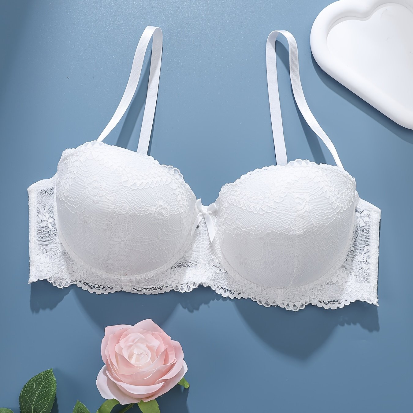 TEMU 1pc Pack! White Women's Lace Bra With Underwire, Push-up Gathering Thin Bra, Floral Lace With Bow Decoration, Sexy, Comfortable, Breathable, And