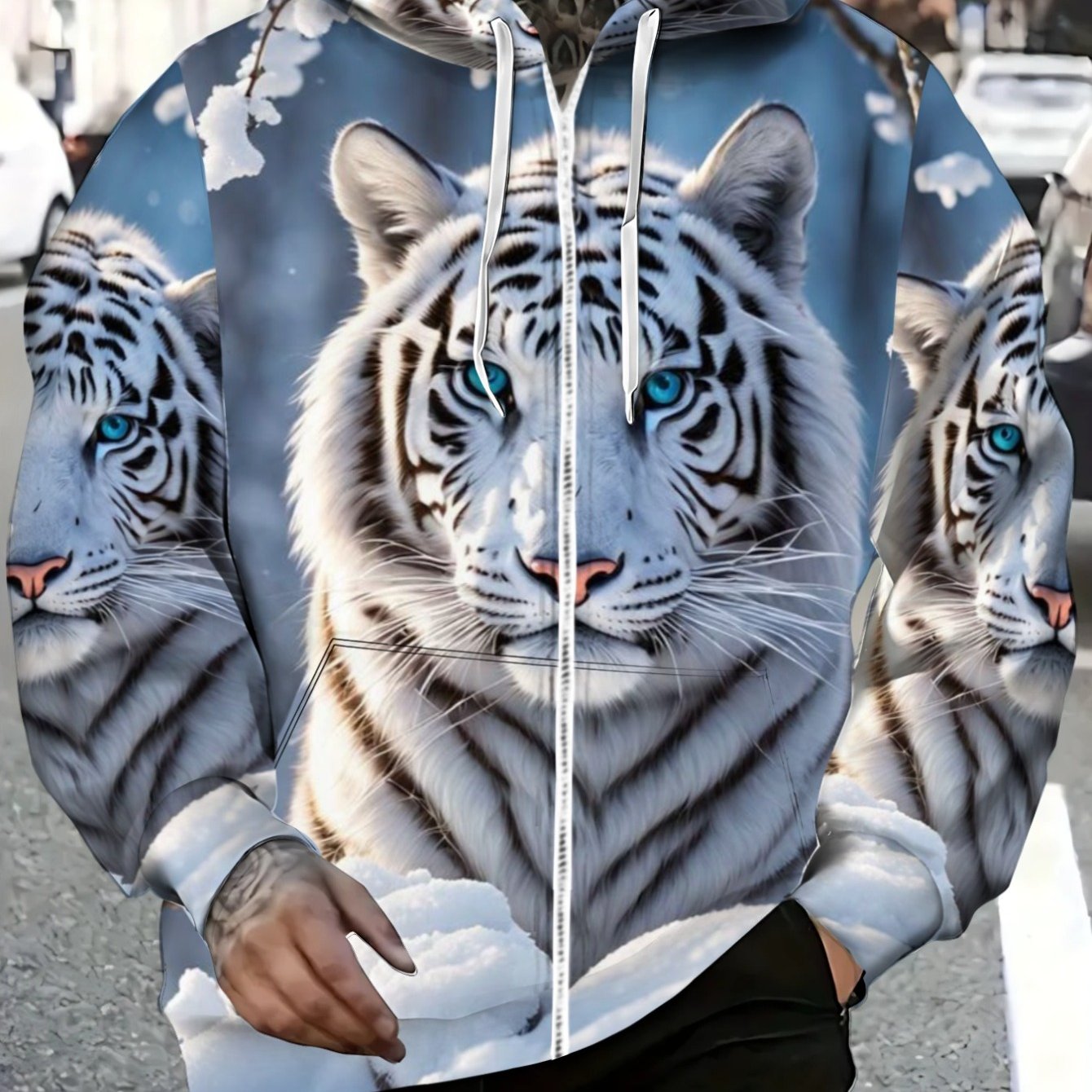 TEMU Men's Lightweight Polyester Hoodie With Tiger Print, Perfect For Casual Wear And Outdoor Activities, Breathable And In Blue Tone