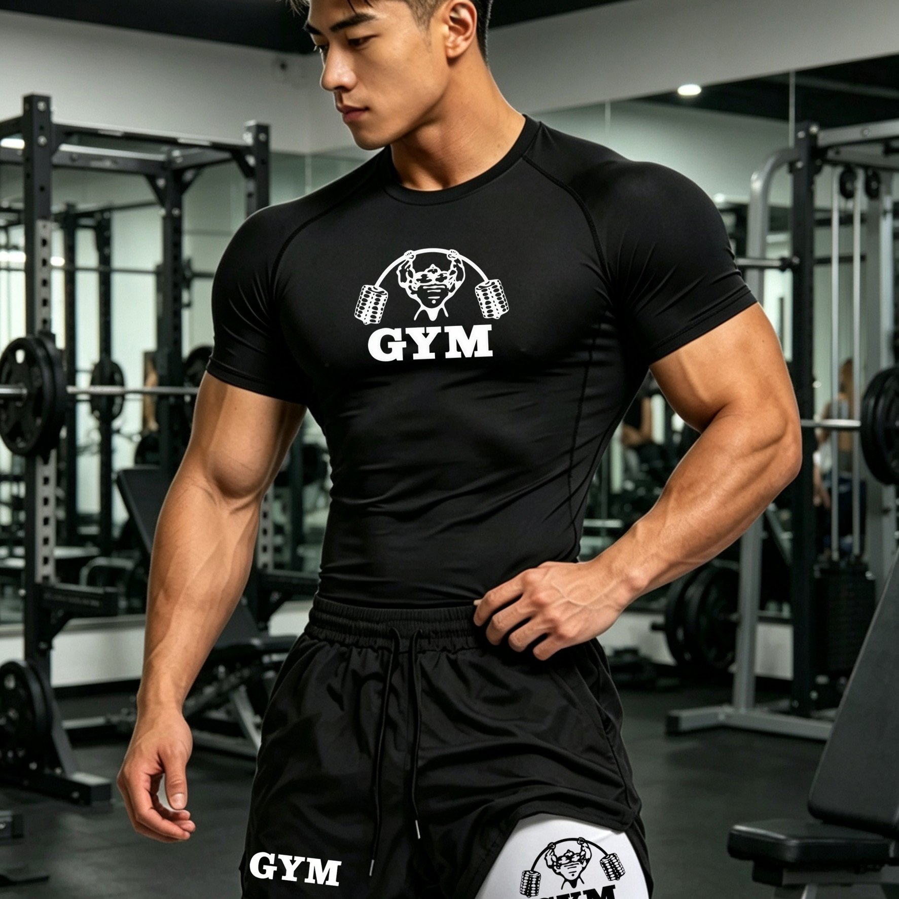 TEMU 2pcs Men's Compression Sports Fitness Suit - Weightlifting Picture Print, Quick Drying Slim Fit Round Neck Short Sleeved T-shirt+double-layer