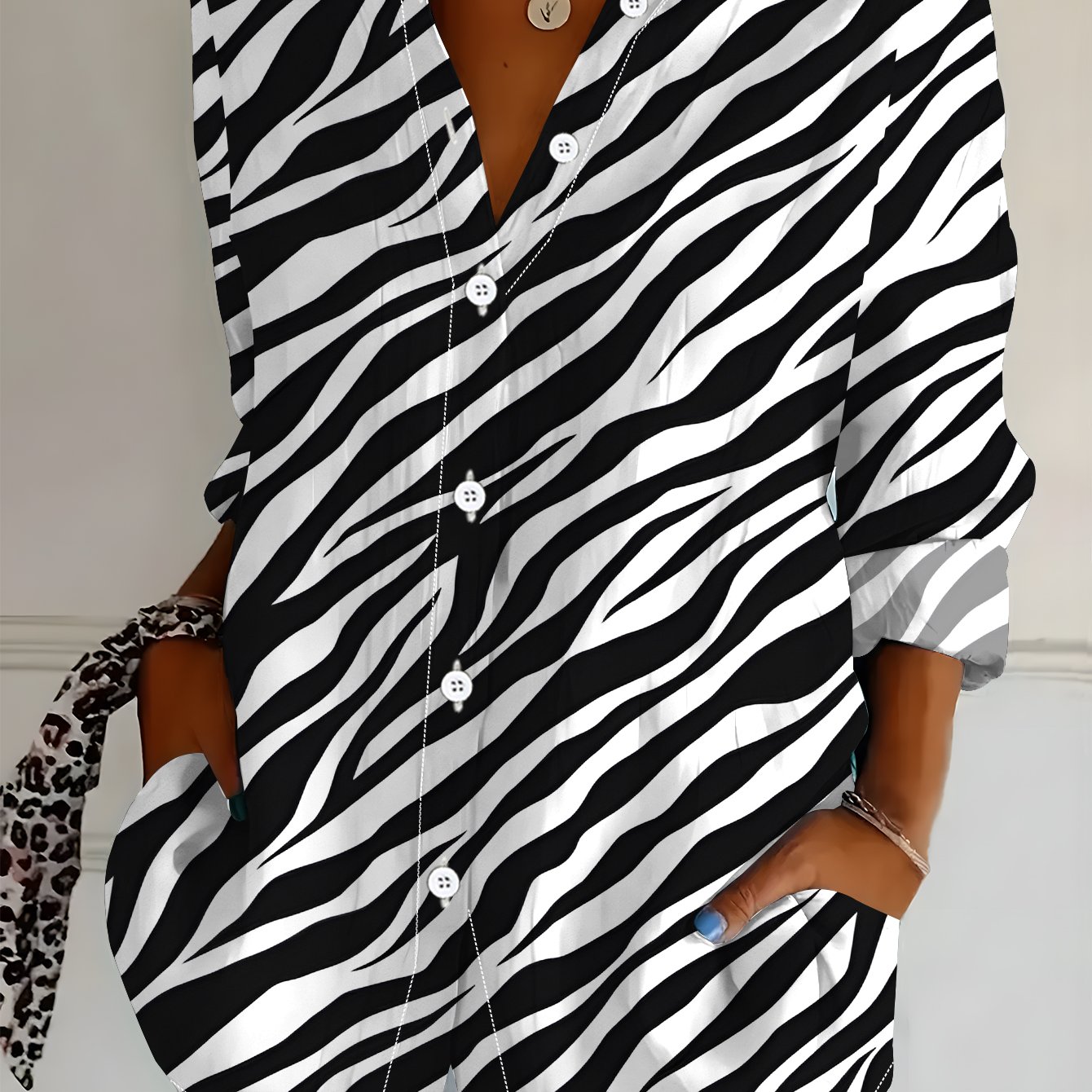 TEMU Plus Size Women's Long Sleeve Shirt, Zebra Print Loose Casual Shirt, Black And Mid-length Style, Relaxed Oversized Printed Casual Shirt, Soft