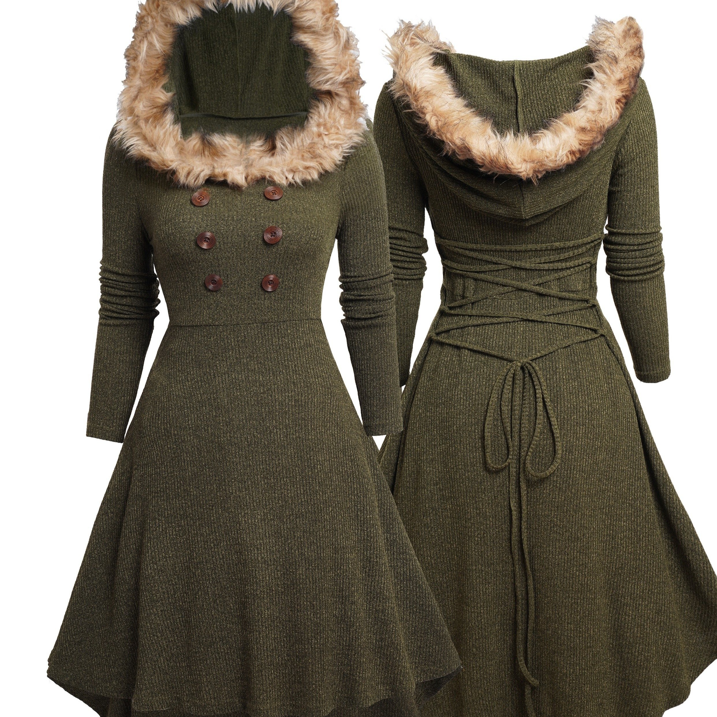 Women's Winter Hooded Dress - Adjustable Waist Design, High-elasticity Fit-and-flare Maxi Gown