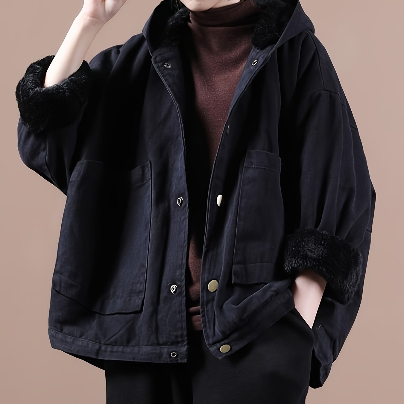 TEMU 24 Autumn And 's New Literary And Retro Korean Version Thick Hooded Large Pocket Cargo Coat