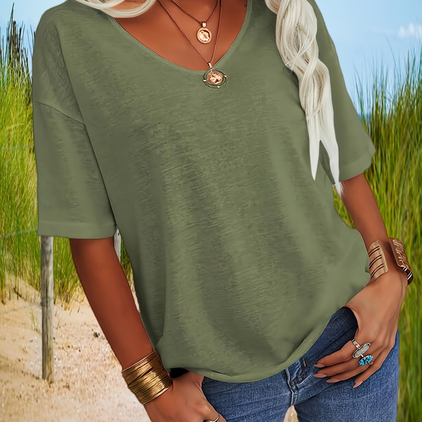 Women's Summer Daily 2026 Oversized V-neck Half-sleeve T-shirt | Solid Color Casual Loose Basic Top For Spring/summer/fall