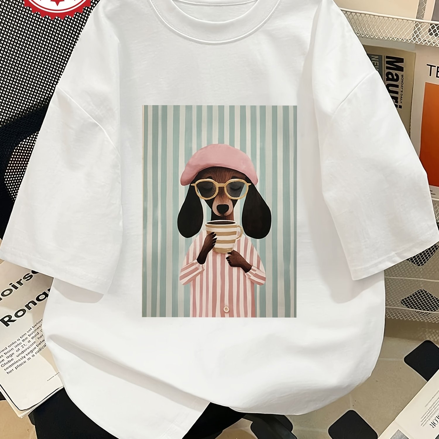 Image of Women's Oversized Dachshund T-shirt With Beret & Mug Print - Loose-fit Drop Shoulder Round Neck Short Sleeve Suitable For Spring Summer Casual Wear, - For Everyday Outfits