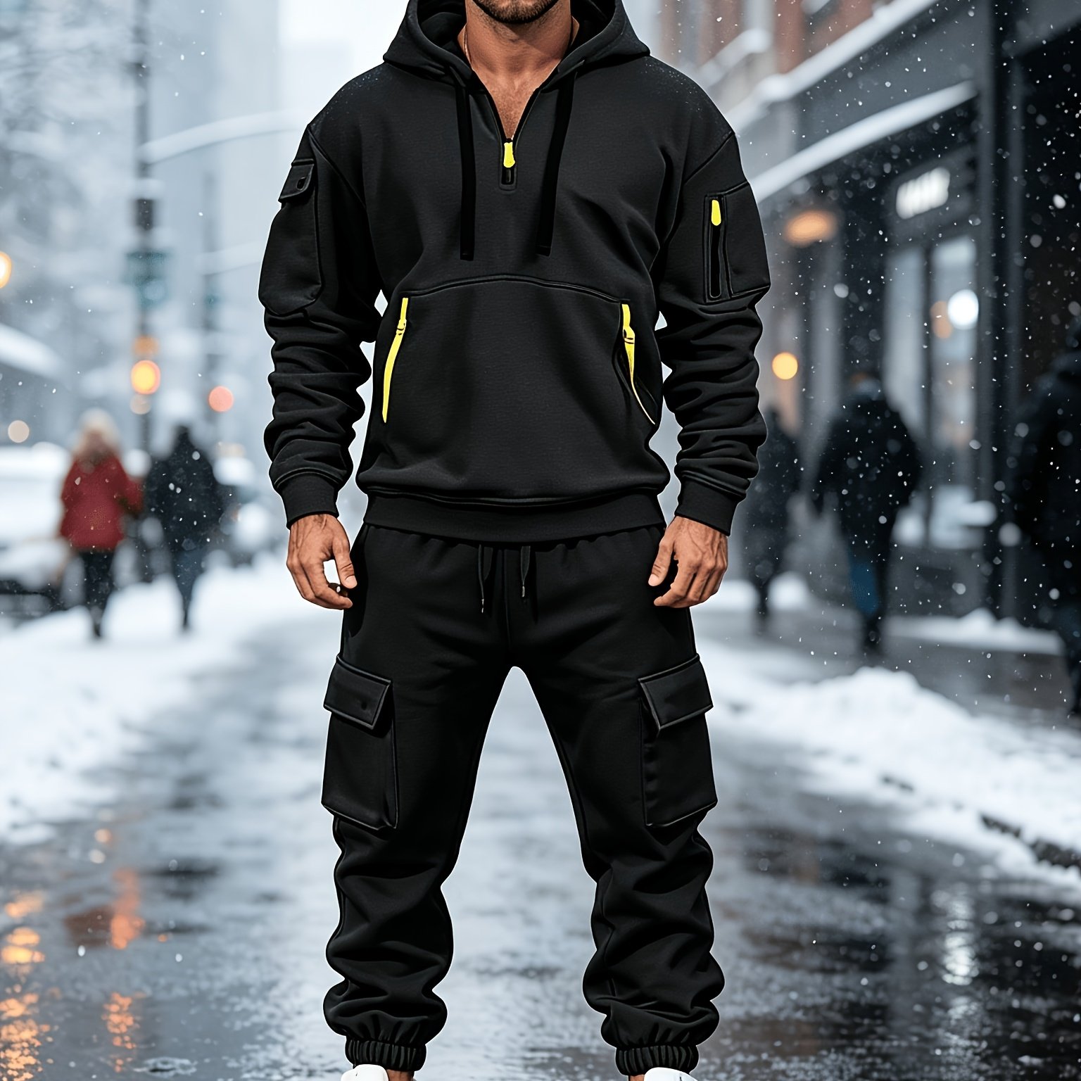 TEMU Men's Winter Half-zip Pullover And Athletic Pants Set, Long-sleeve Hooded Pullover With Zipper And Multi-, Men's Casual Suit