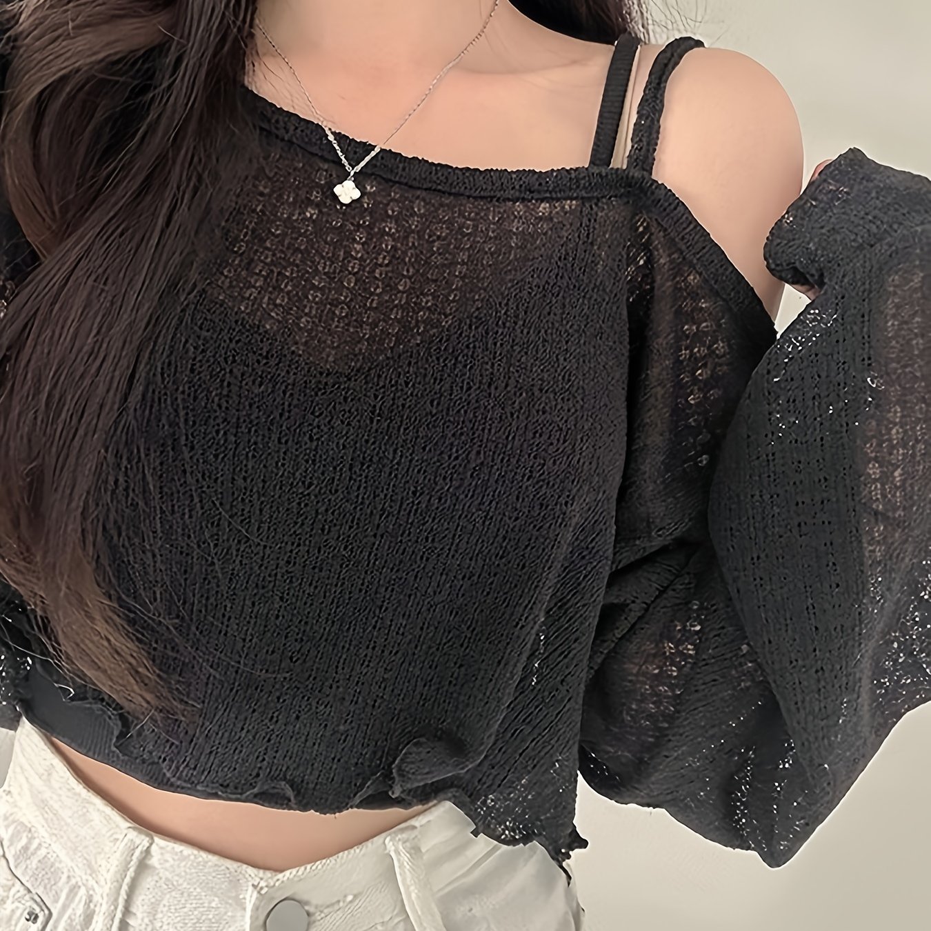 TEMU 여성용 솔리드 컬러 메쉬 비대칭 넥 긴팔 크롭 루즈 티셔츠, 오프숄더 봄/가을 상의